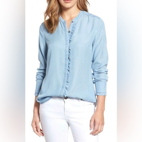 H&M women’s ruffled denim button down blouse - Picture 1 of 6